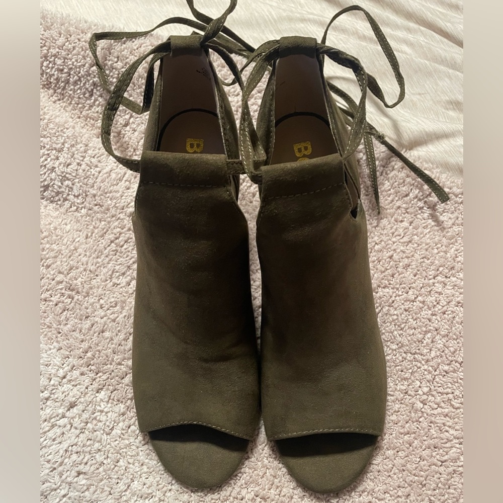 Olive Suede Wrap Block Heel - Picture 3 of 3